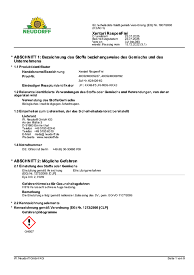 Xentari RaupenFrei Sicherheitsdatenblatt 2025-07 de-DE