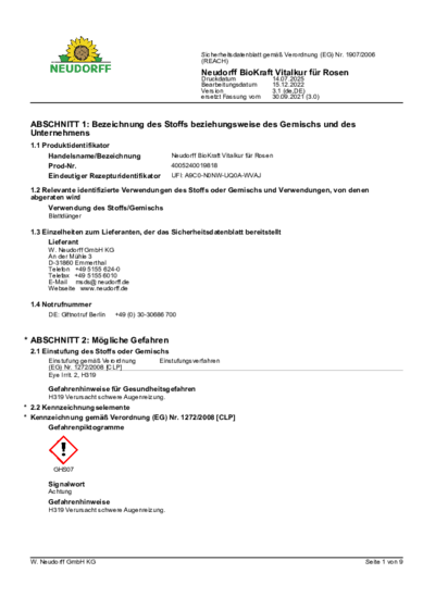 Neudorff BioKraft Vitalkur für Rosen Sicherheitsdatenblatt 2025-07 de-DE