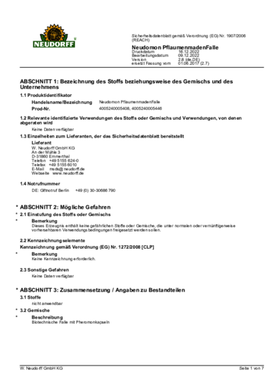 Neudomon PflaumenmadenFalle Sicherheitsdatenblatt 2022-12 de-DE
