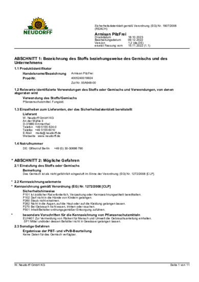 Armisan PilzFrei Obst- & GemüseMehltauFrei Sicherheitsdatenblatt 2023-10 de-DE (Zul-Nr. 00A948-00)