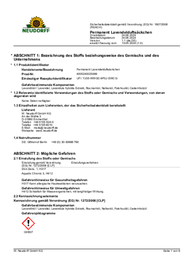 Permanent Lavendelduftsäckchen Sicherheitsdatenblatt 2024-06 de-DE